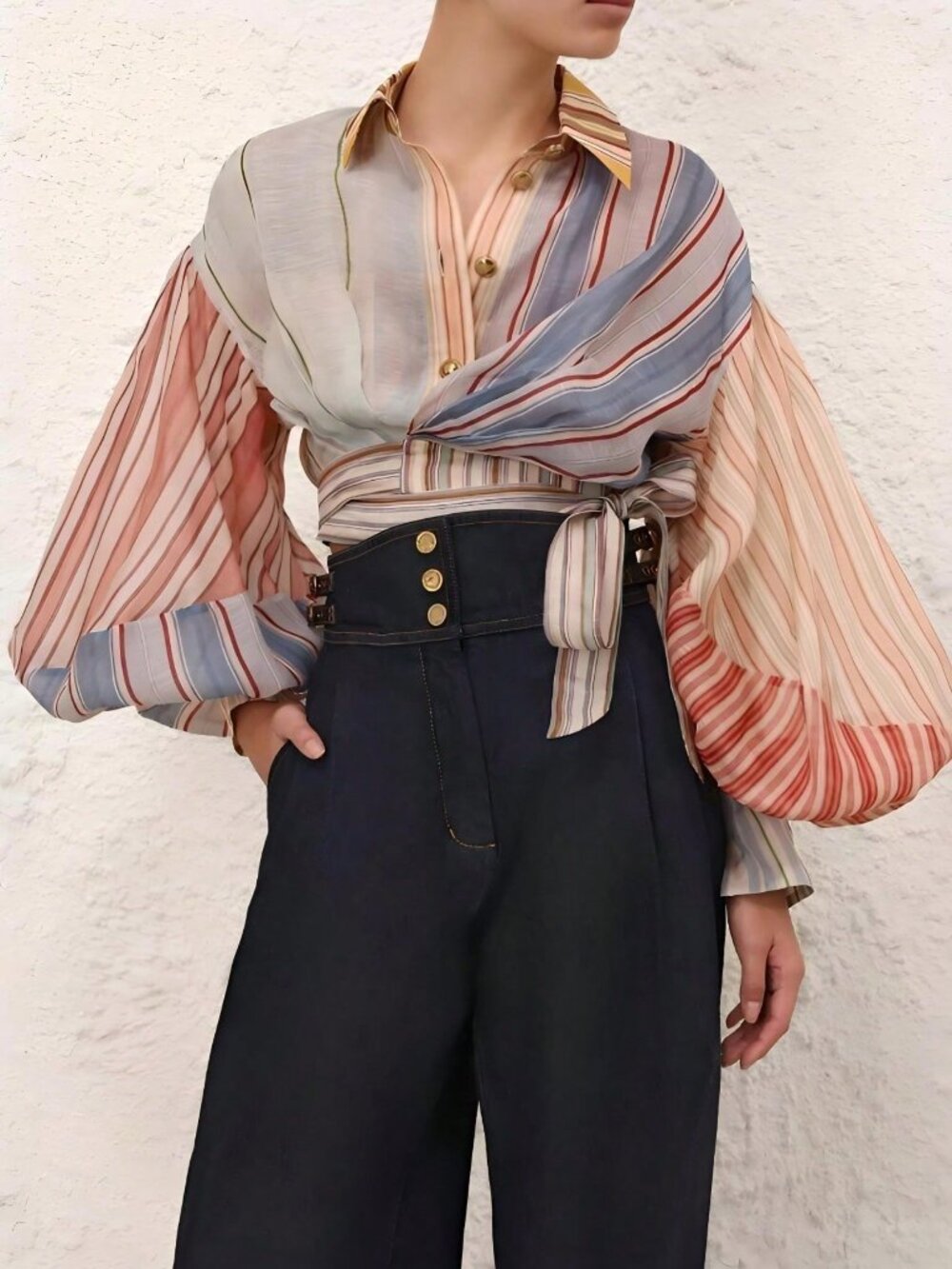 Coral Pink Elegant Women's Candy Stripe Asymmetrical Bishop Sleeve Shirt